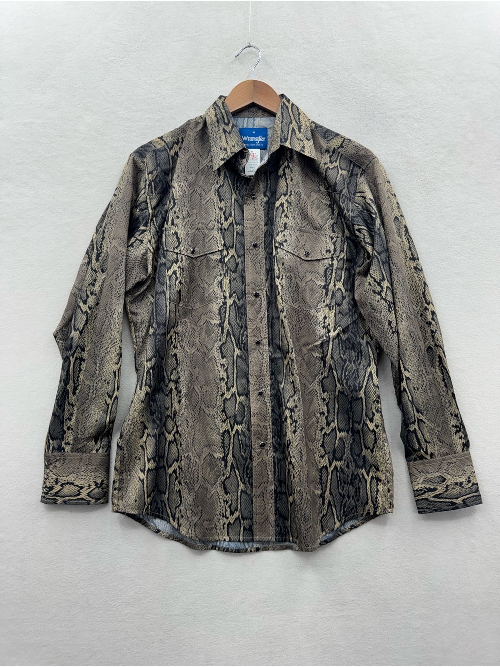 Vintage Wrangler Mens Medium Tan Black Snap Snakeskin Western Shirt 90s Rare
